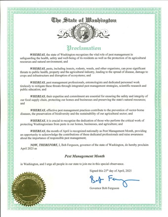 Washington Governor Recognizes Pest Management Professionals and Entomologists with Statewide Proclamation